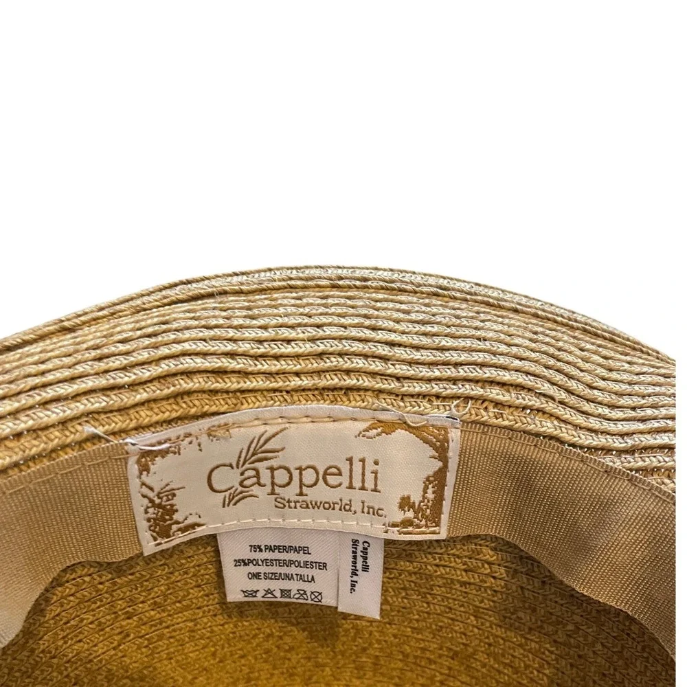 Cappelli Straworld Tan Straw Wide Brim Sun Hat Navy Blue Ribbon Bow One Size